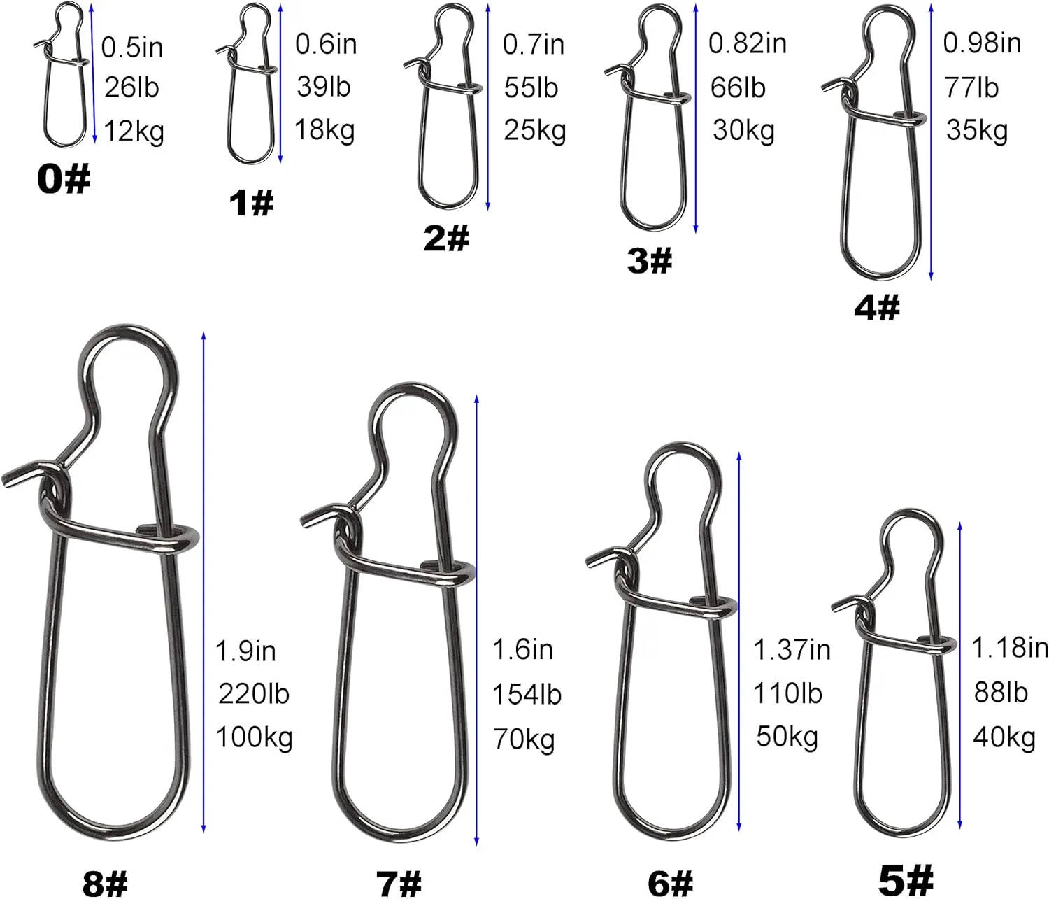 100 Pack Duo Lock Snaps Size 0-8 Black Nice Snap Swivel Solid Rings Stainless Steel USA Fishing Tackle Kit - Test: 26LB-220LB