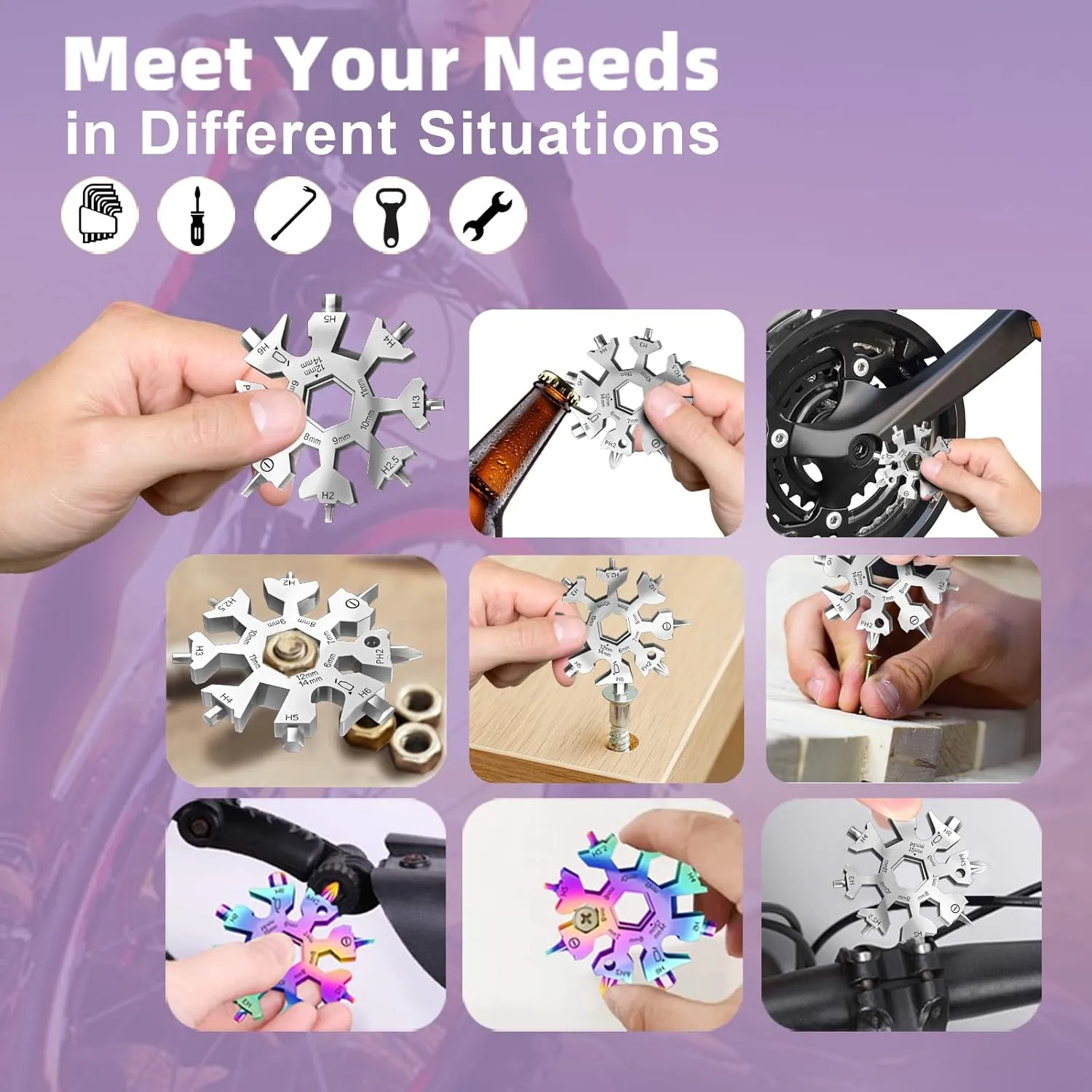 18 in 1 Snowflake Multi Tool, Phillips Flat Screwdriver Kit/Wrench/Bottle Opener, EDC Camping Gear, Gifts for Men (Silver)