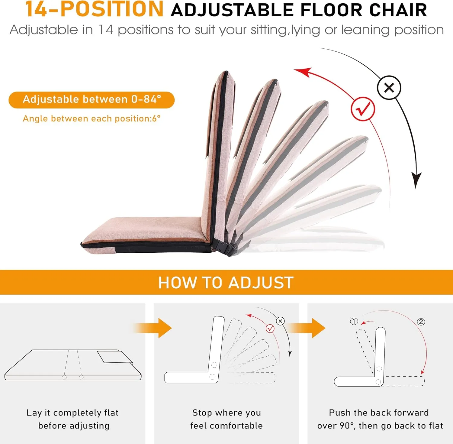Adjustable Floor Chair with Back Support - 14-Position Portable Foldable Meditation Chair for Adults & Kids - Japanese KOYO Bearings & Washable Linen Cover (Coffee)