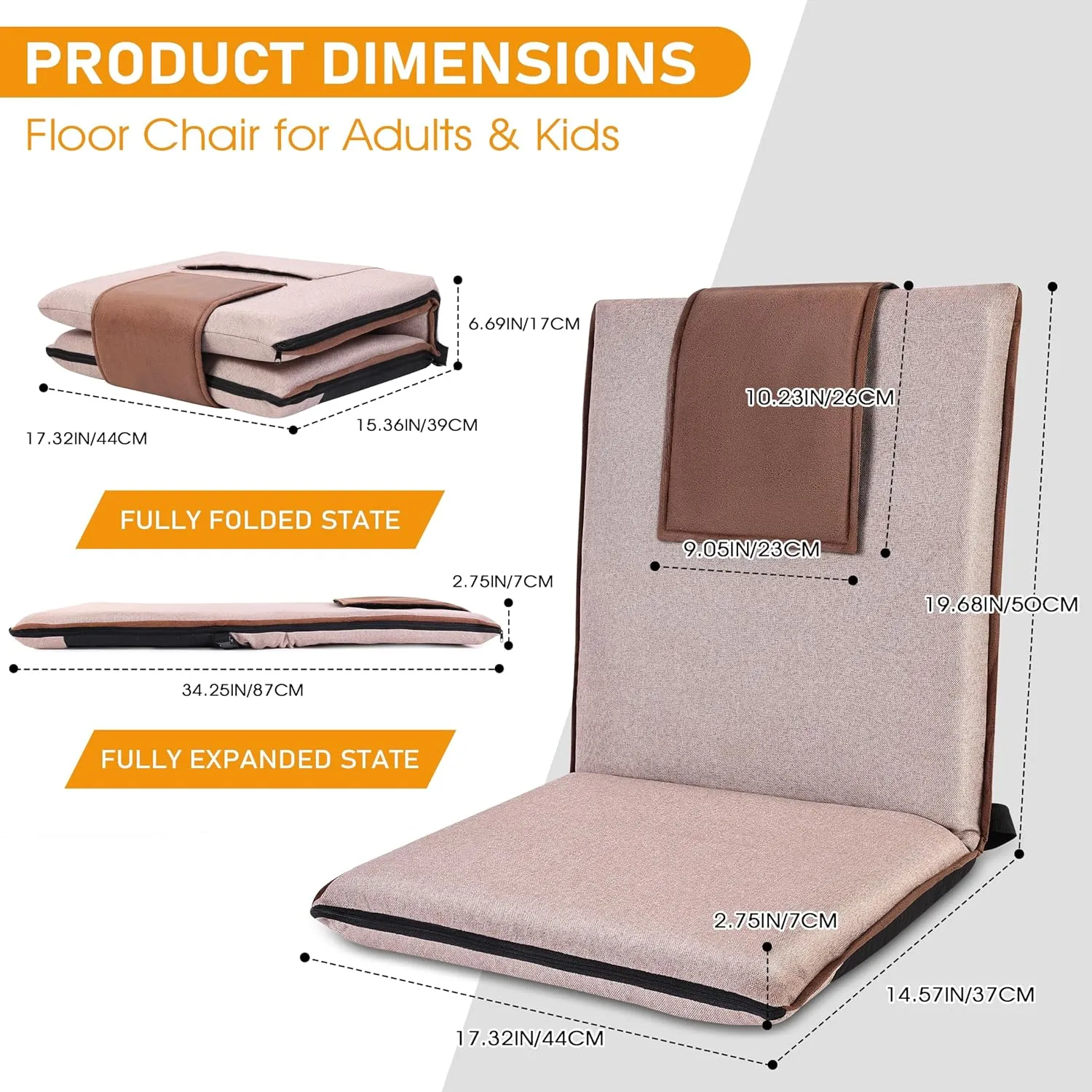 Adjustable Floor Chair with Back Support - 14-Position Portable Foldable Meditation Chair for Adults & Kids - Japanese KOYO Bearings & Washable Linen Cover (Coffee)