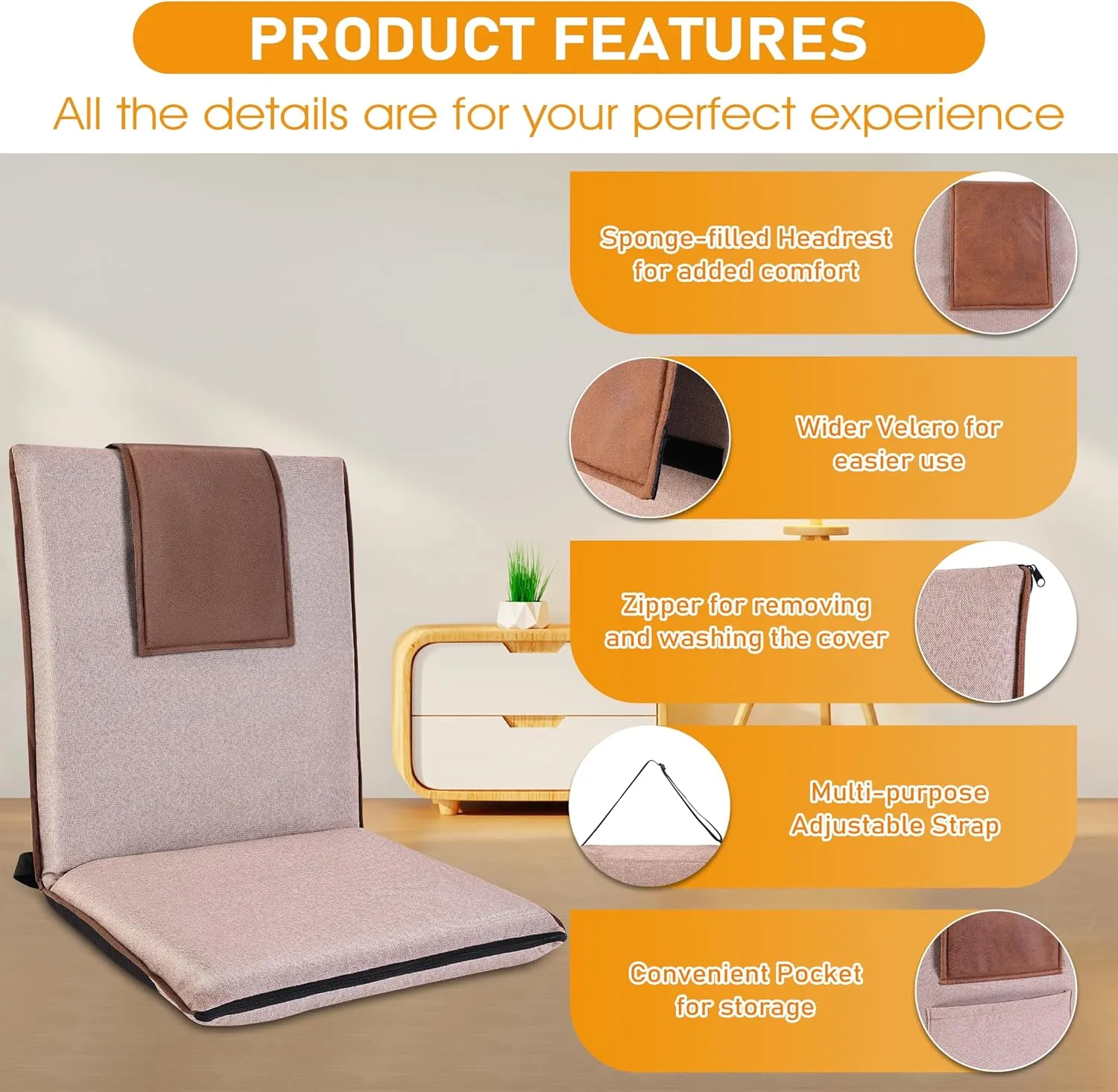 Adjustable Floor Chair with Back Support - 14-Position Portable Foldable Meditation Chair for Adults & Kids - Japanese KOYO Bearings & Washable Linen Cover (Coffee)
