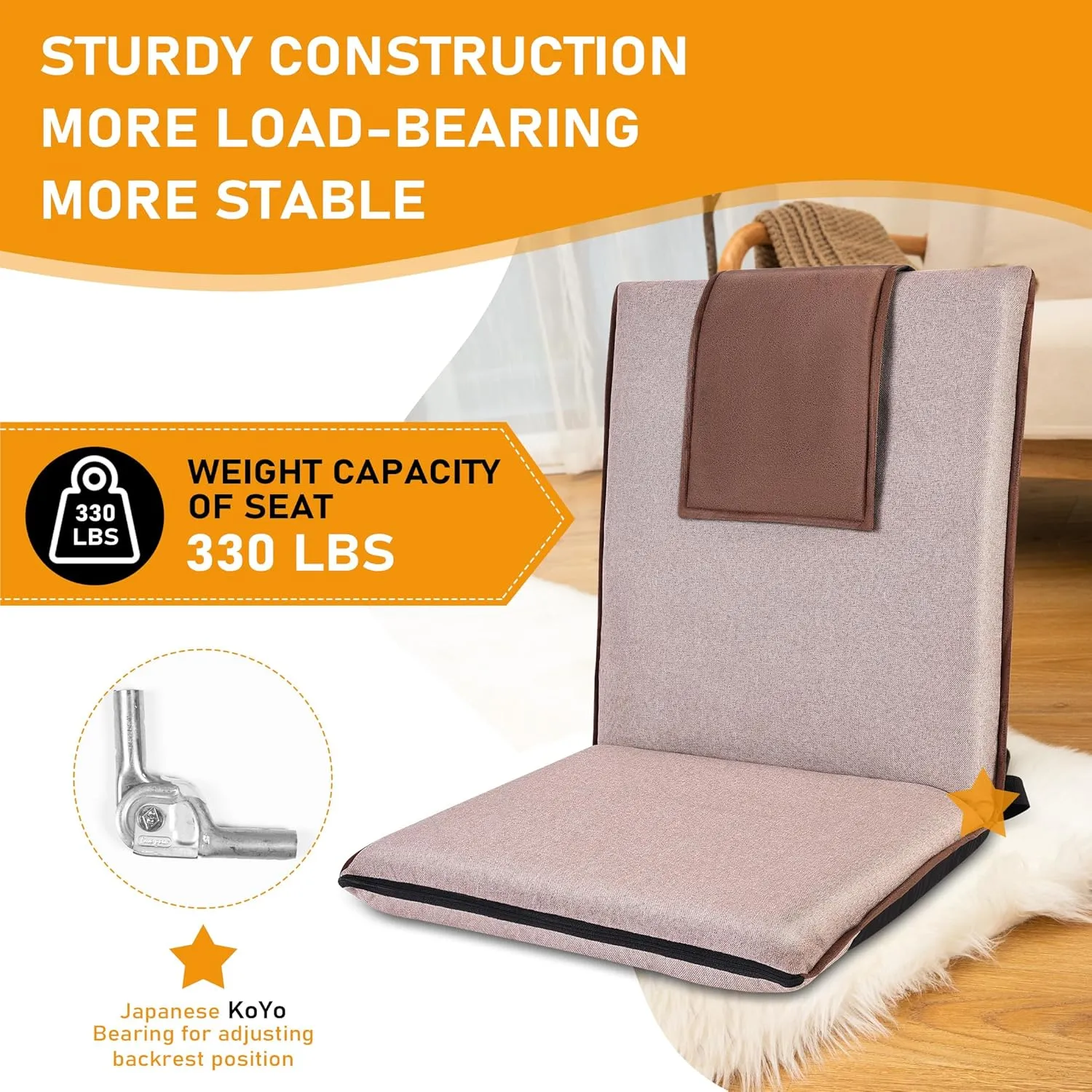 Adjustable Floor Chair with Back Support - 14-Position Portable Foldable Meditation Chair for Adults & Kids - Japanese KOYO Bearings & Washable Linen Cover (Coffee)
