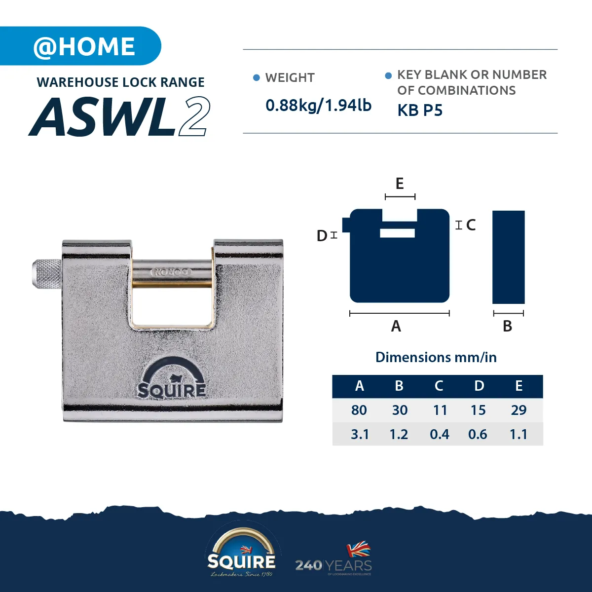 ASWL2 Armored Steel Straight Shackle Padlock - 80mm