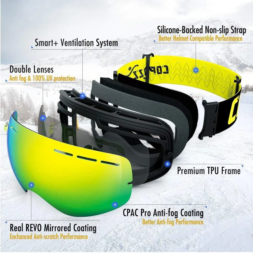 COPOZZ Ski Goggles, G1 Mens Womens Ski Snowboard Snowboarding Goggles - Over Glasses Double Lens Anti Fog Frameless,Cool REVO Mirror Red for Men Women Youth Snowmobile Skiing