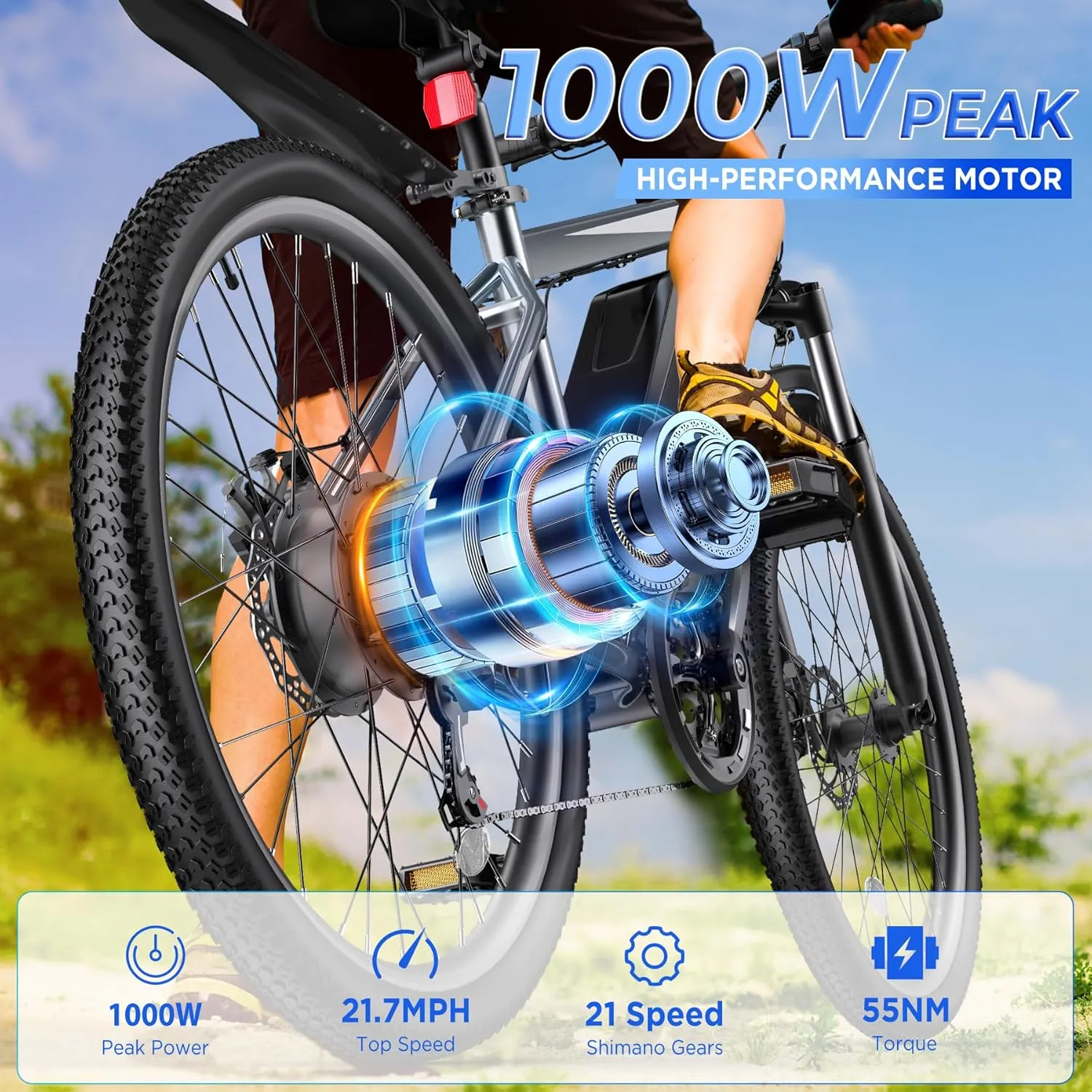 Electric Bike for Adults, 26'' 1000W Peak Ebike, Up to 50 Miles 21.7MPH Electric Mountain Bike with 48V 374.4WH Removable Battery, Adjustable Stem, Fenders, Lockable Suspension Fork, 21-Speed