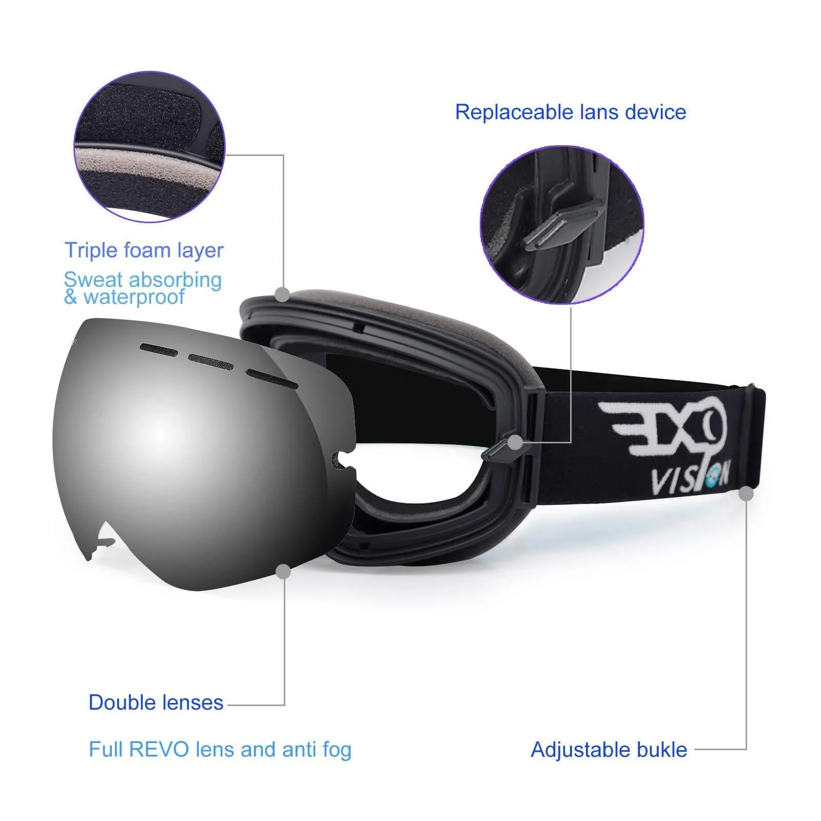 EXP VISION Snowboard Ski Goggles for Men Women and Youth, Over Glasses Skiing Snowboard Goggles with Anti Fog and UV400 Protection Dual Lenses Snow Goggles