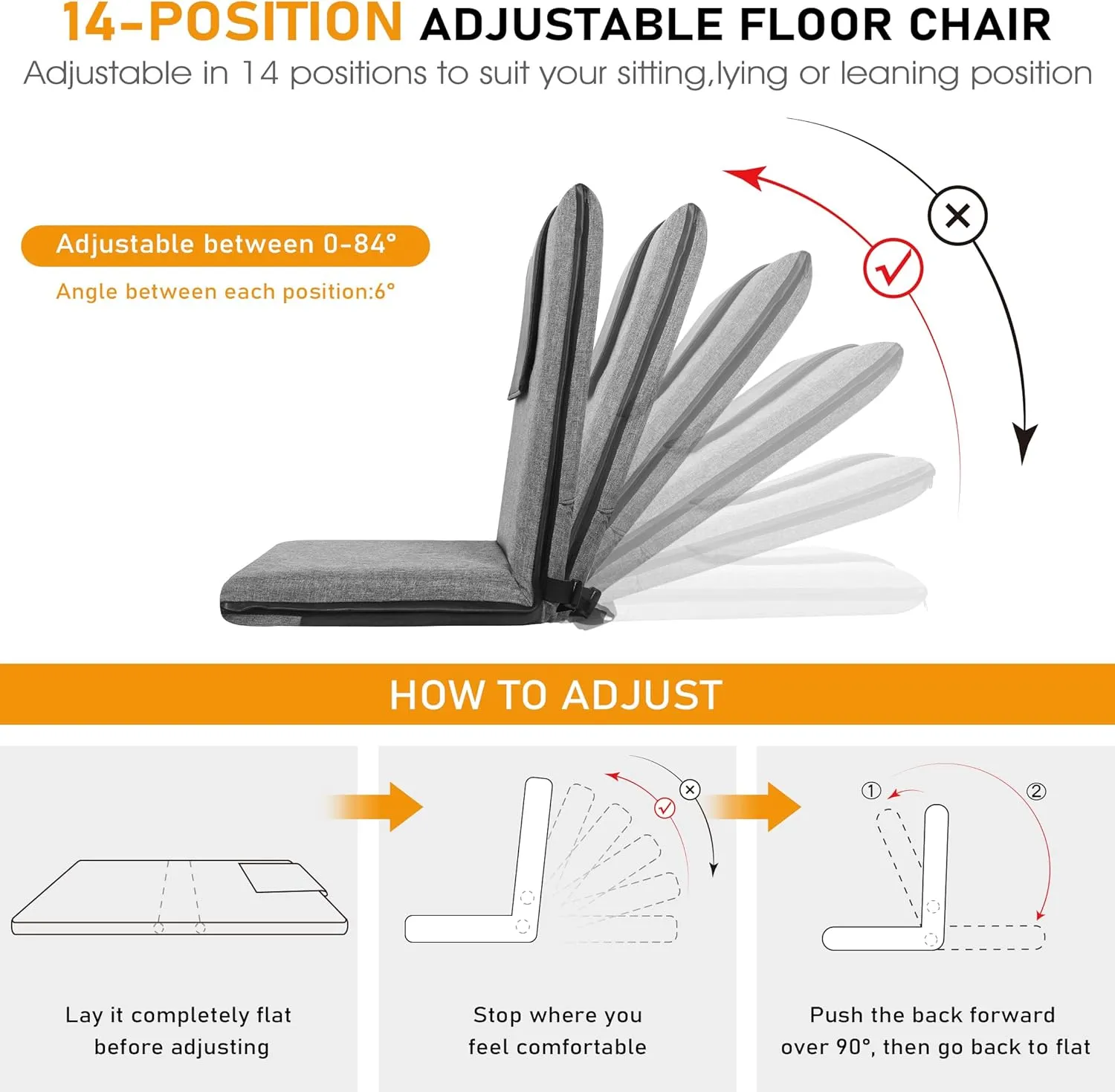 Floor Chair with Back Support 14-Position Adjustable Floor Chair Portable Ground Seating for Adults & Kids Foldable Meditation Seat with Japanese KOYO Bearings & Washable Linen Cover (Grey)