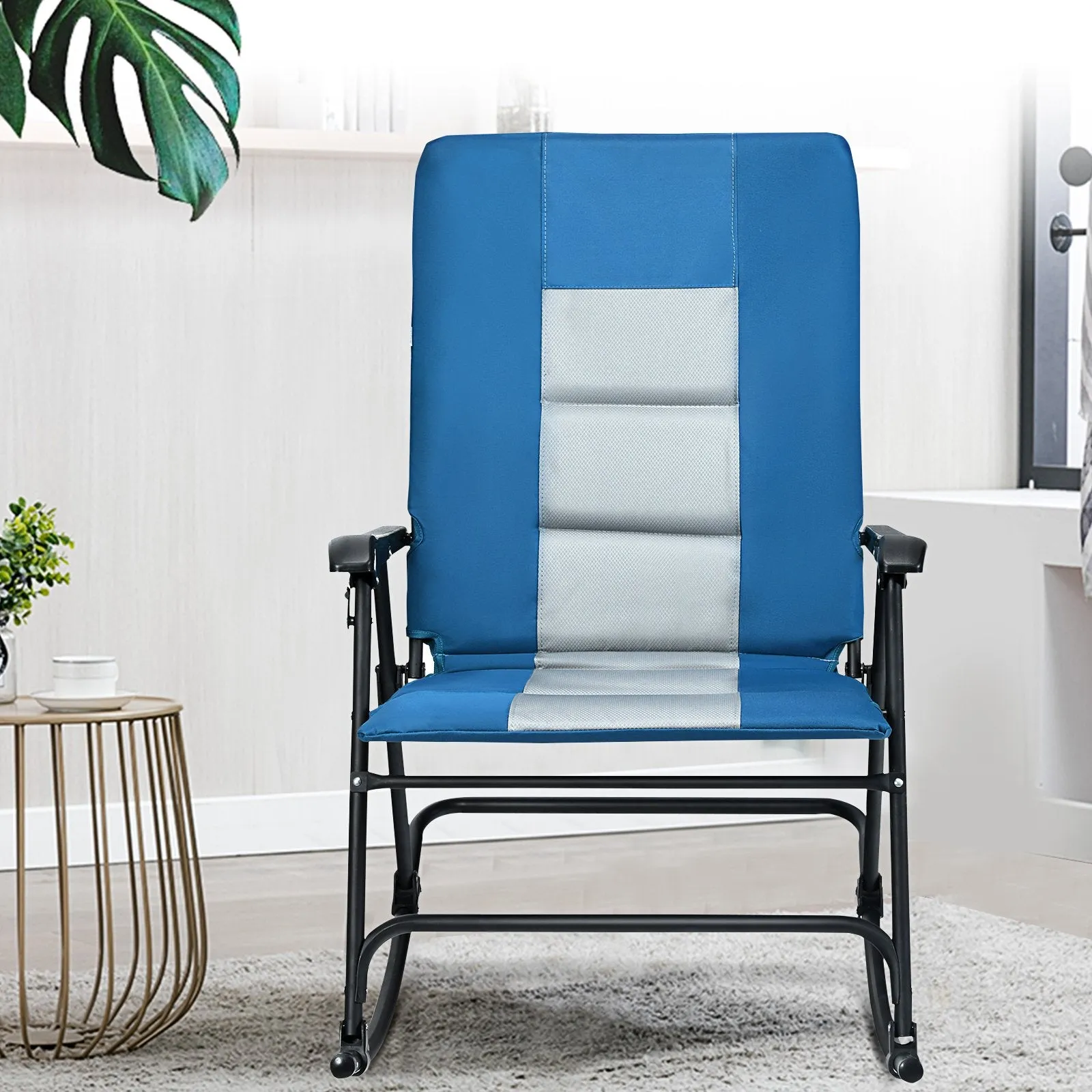 Foldable Padded Rocking Chair with High Back and Armrest for Patio-Blue