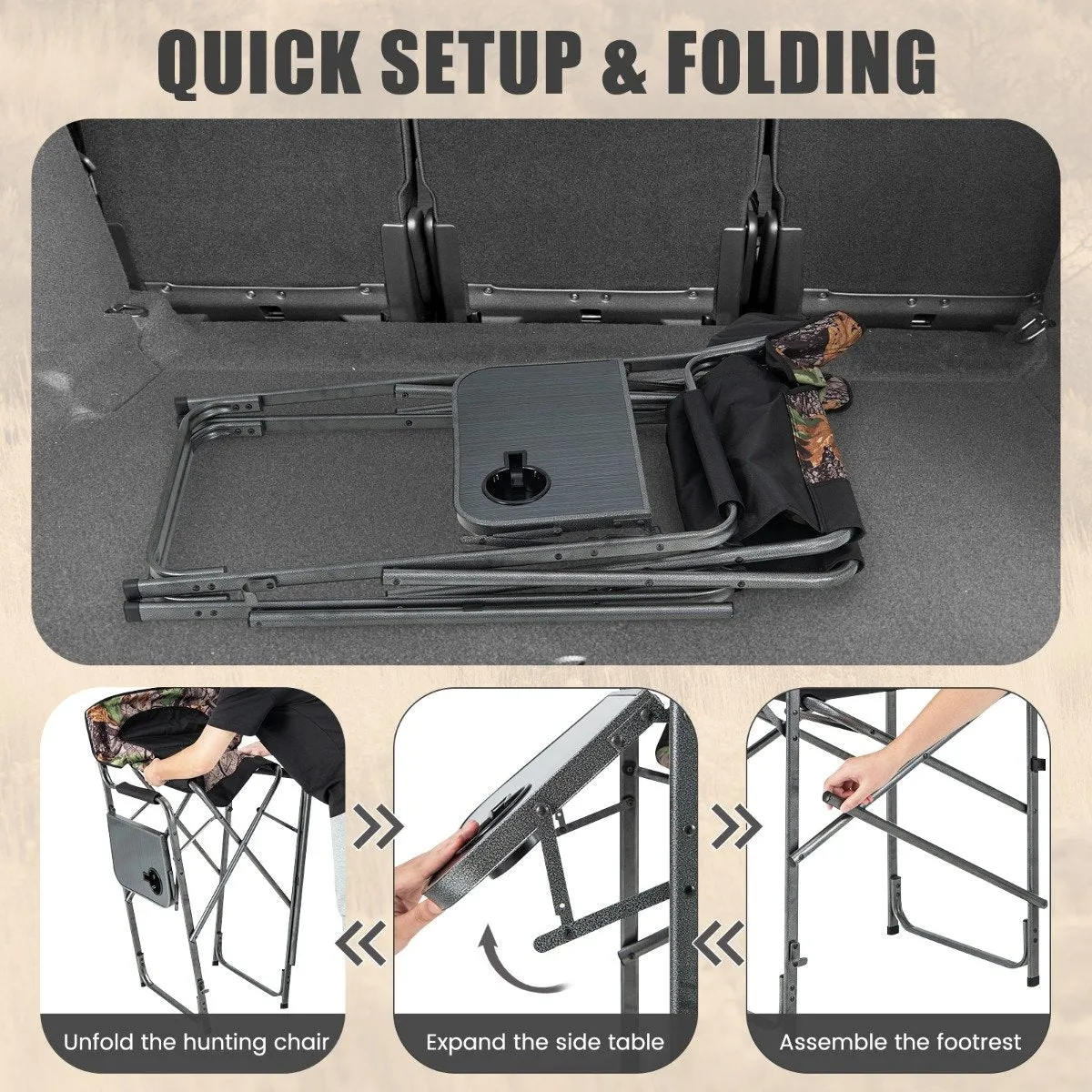 Folding Tall Hunting Chair with Side Table, Detachable Footrest, Cup Holder