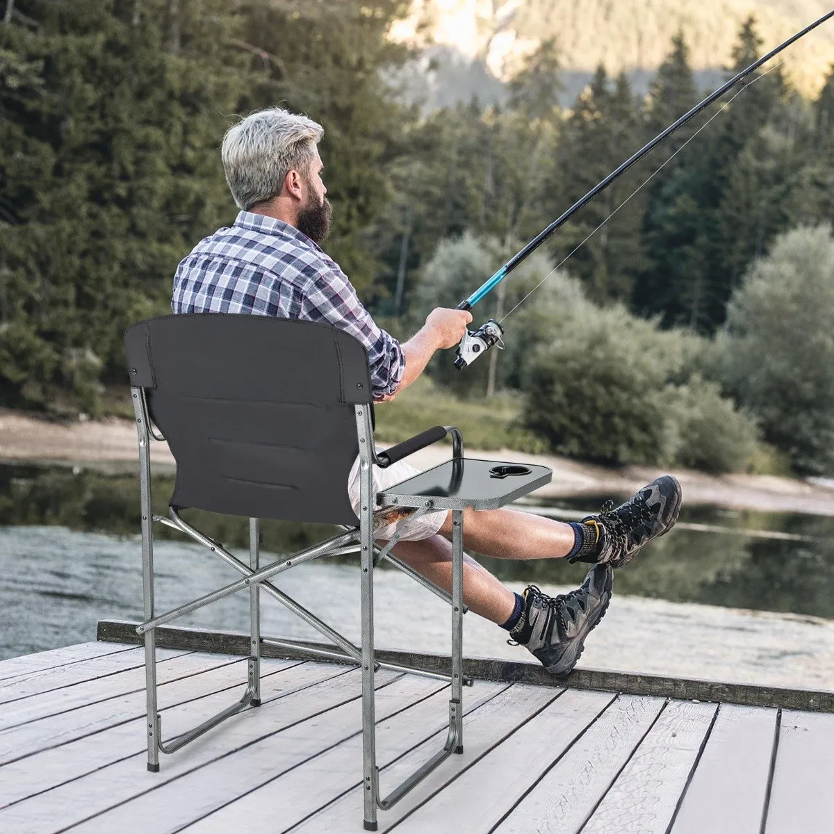 Folding Tall Hunting Chair with Side Table, Detachable Footrest, Cup Holder