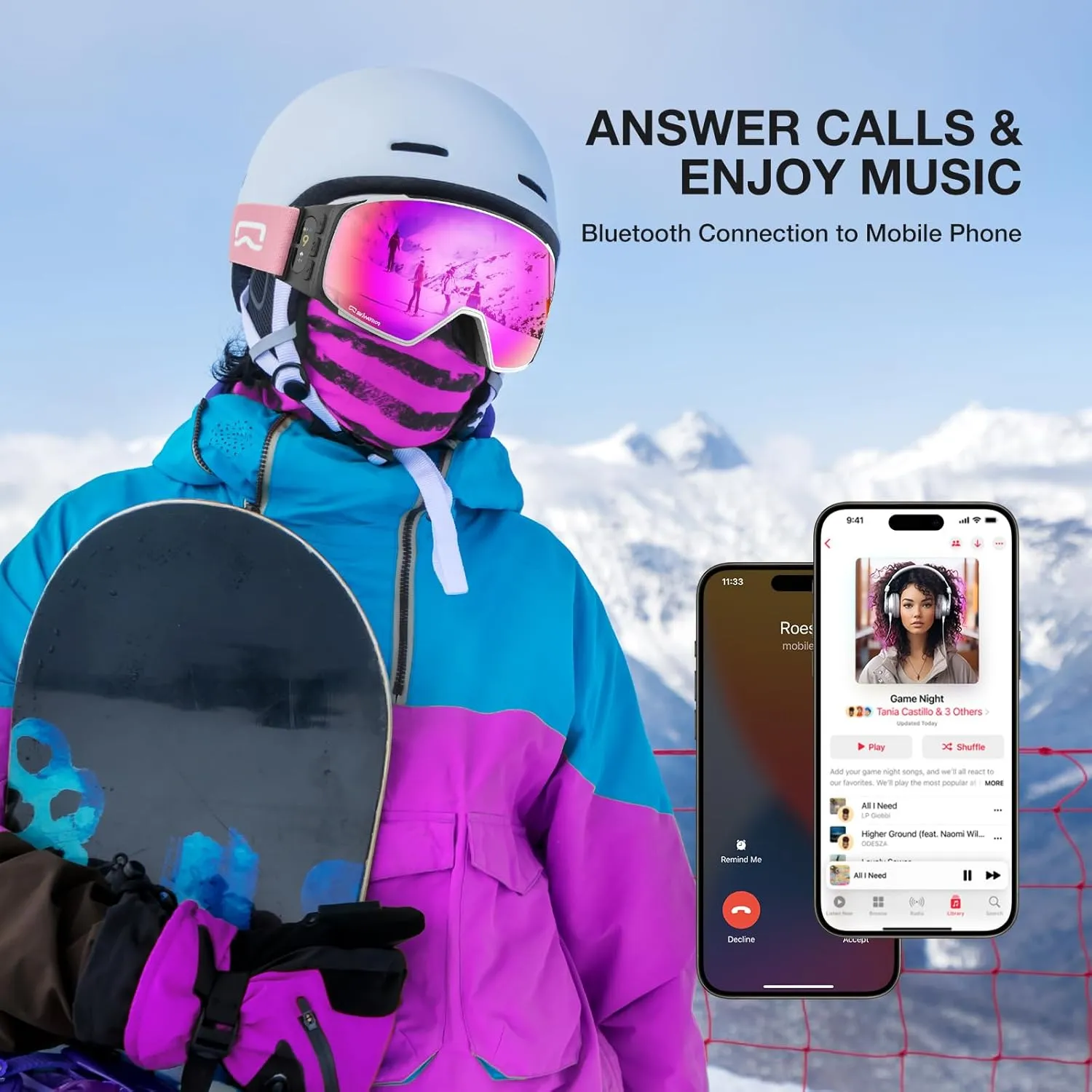 G02 Smart Ski Goggles With Interchangeable Magnetic Lenses,Snow Goggles Walkie-Talkie Play Music Answer Call
