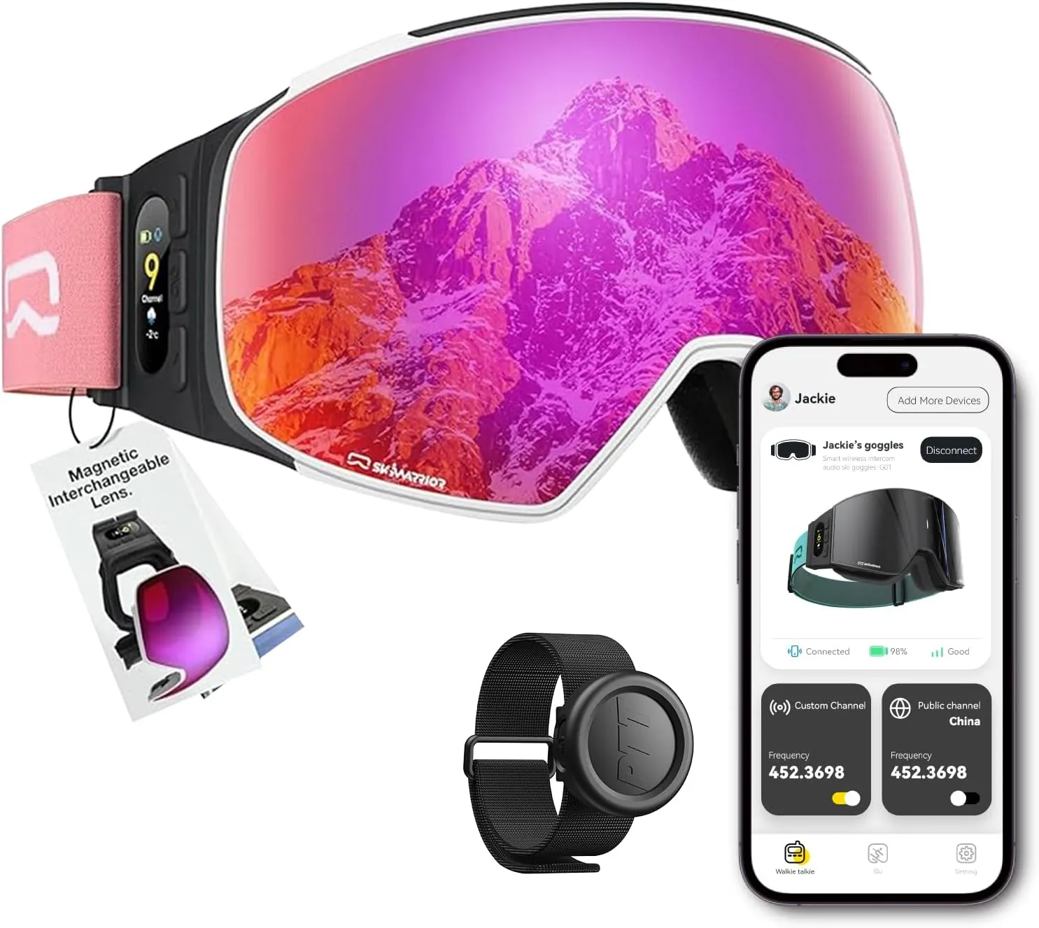 G02 Smart Ski Goggles With Interchangeable Magnetic Lenses,Snow Goggles Walkie-Talkie Play Music Answer Call