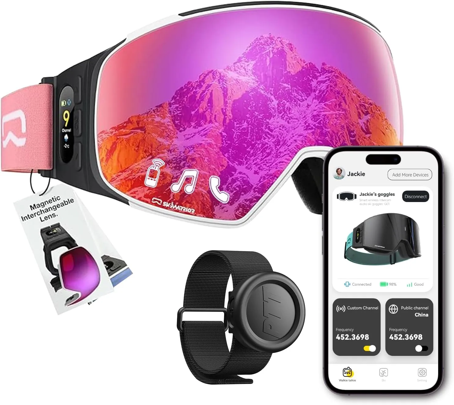 G02 Smart Ski Goggles With Interchangeable Magnetic Lenses,Snow Goggles Walkie-Talkie Play Music Answer Call