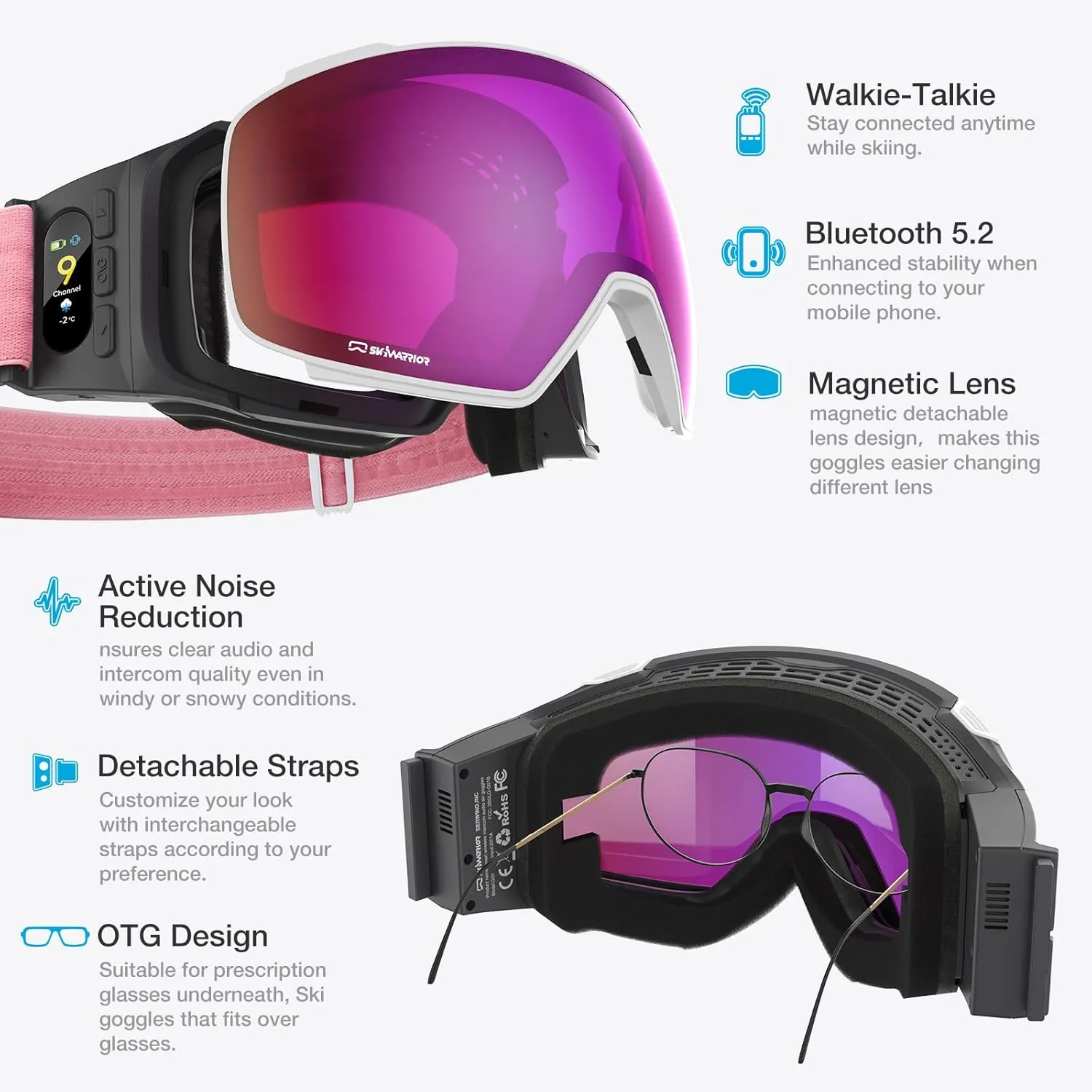 G02 Smart Ski Goggles With Interchangeable Magnetic Lenses,Snow Goggles Walkie-Talkie Play Music Answer Call