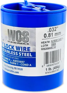 Lock Wire, T302/304 Stainless, NASM20995, MS20995C, ASTM A580 Cond A, AMS5697, .032 in (0.81 mm), 1 lb (0.45 kg) Dispenser Can, approx. 362 ft (110 m)