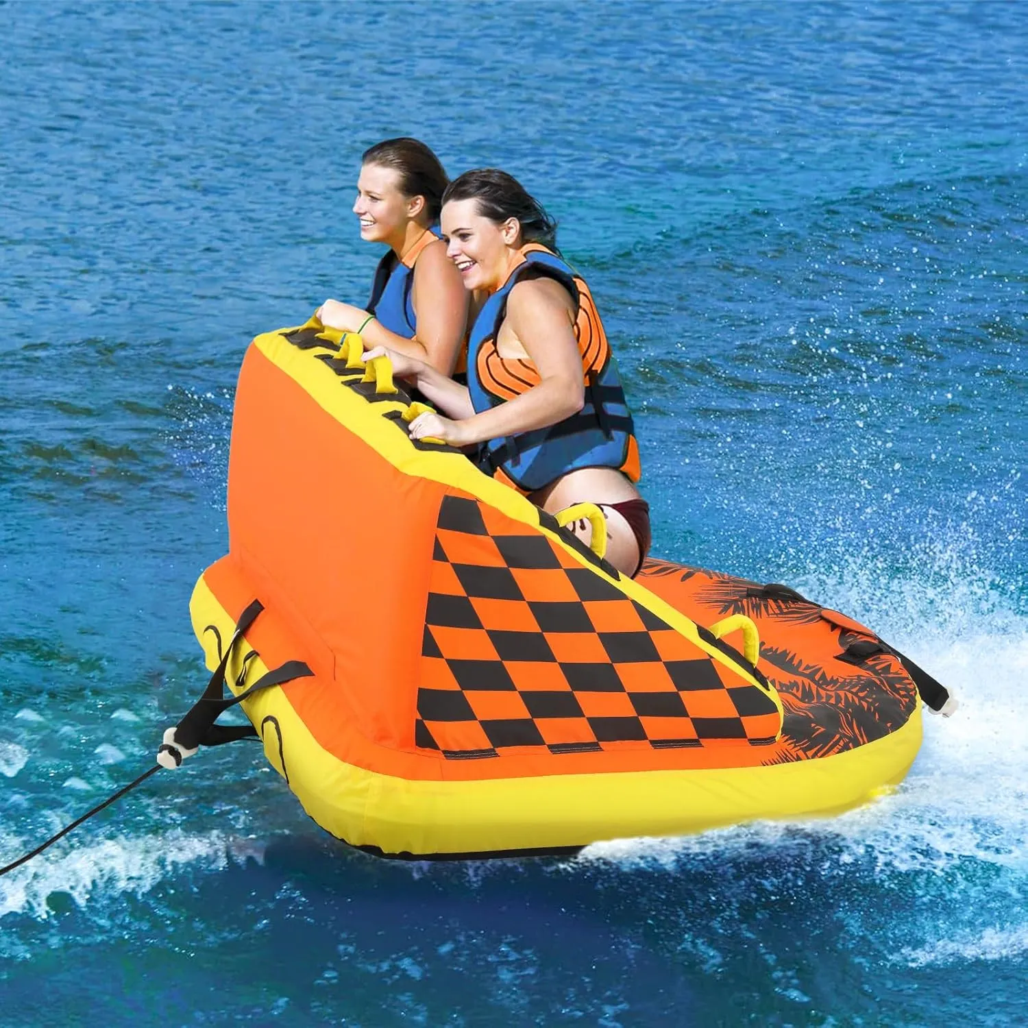 Magshion 2-Person Towable Tube for Boat, Inflatable Water Tube with Quick-Connect, Backrests & EVA Handles, Heavy Duty PVC Raft for Lake, Ocean, River, 1300lbs Capacity (840D Oxford Cover)