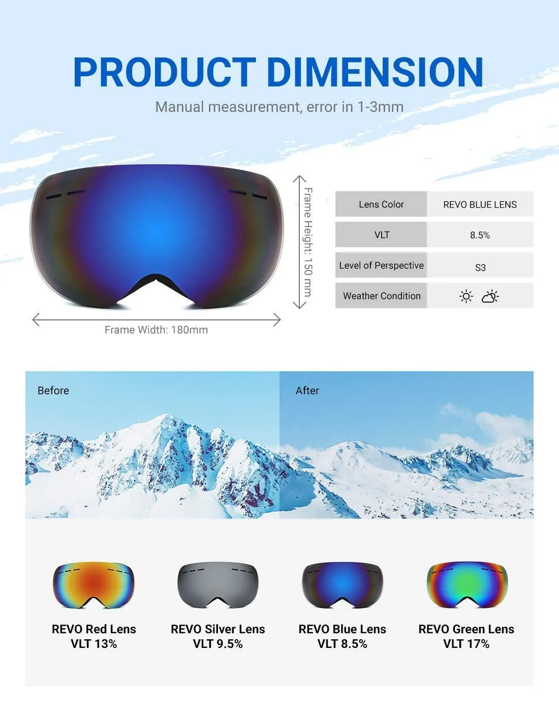 modesoda Ski Goggles for Women Men Over Glasses Ski Snowboard Goggles Anti Fog UV Protection