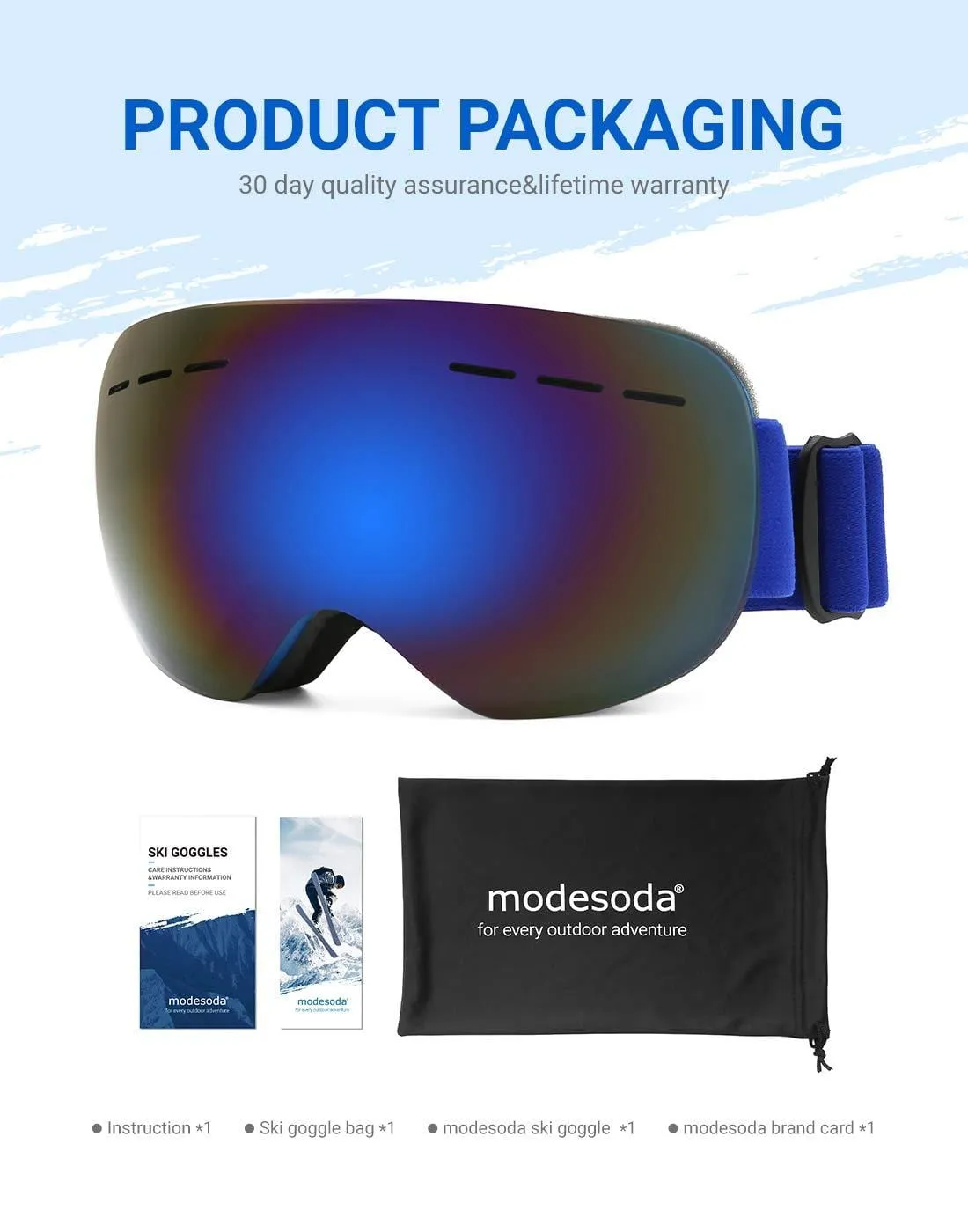 modesoda Ski Goggles for Women Men Over Glasses Ski Snowboard Goggles Anti Fog UV Protection