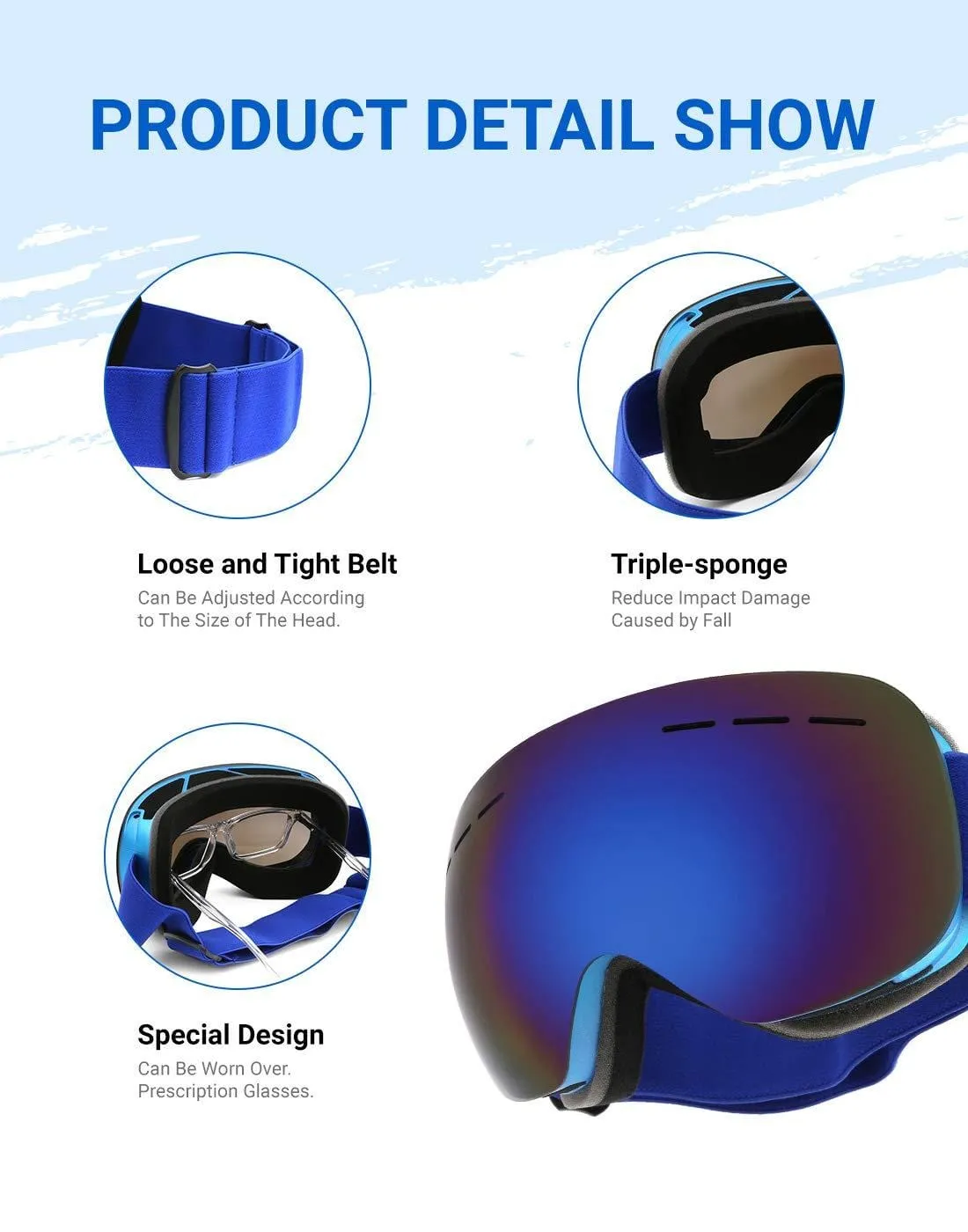 modesoda Ski Goggles for Women Men Over Glasses Ski Snowboard Goggles Anti Fog UV Protection