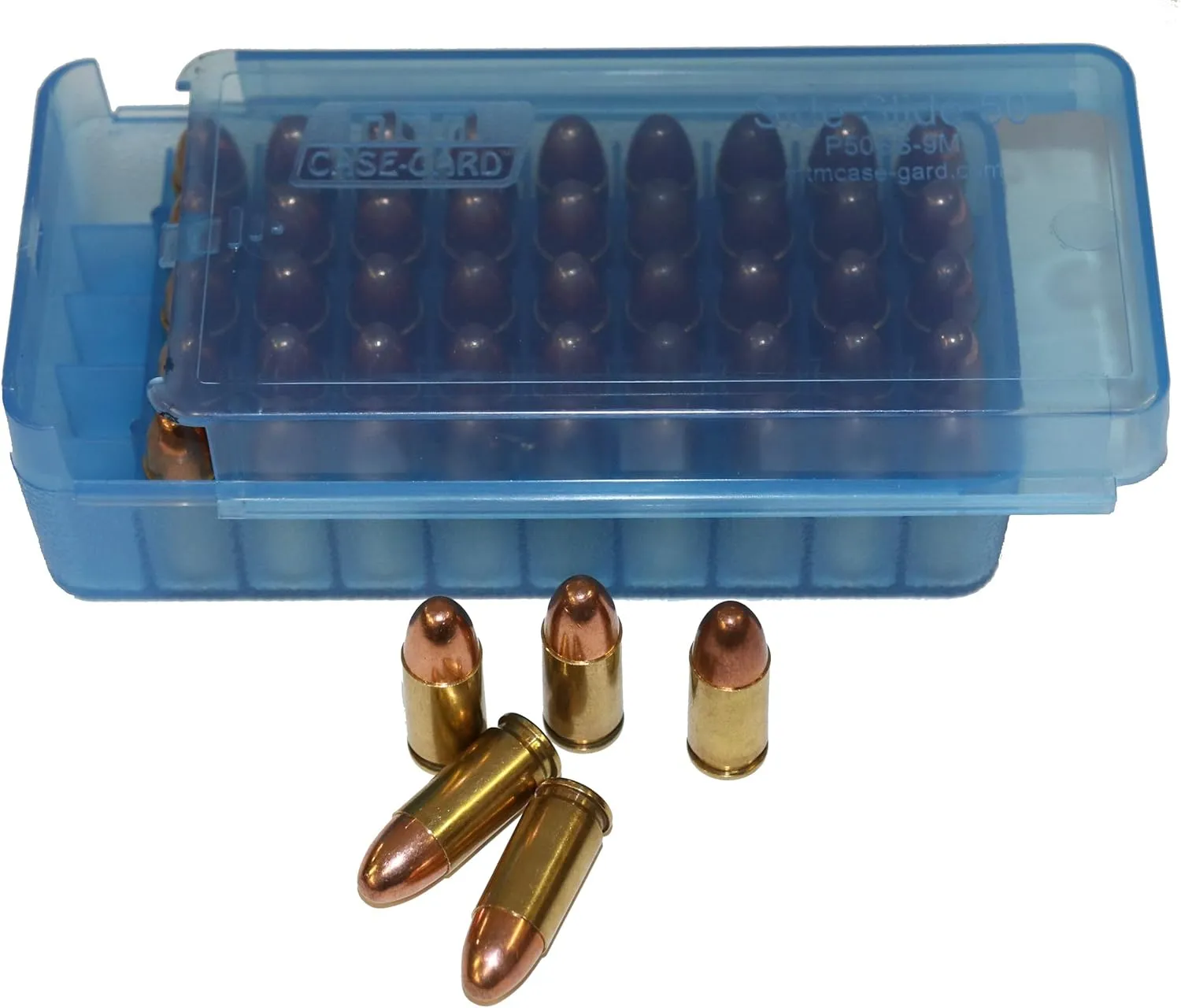 MTM P50SS-9M-24 380/9MM 50 Round Side Slide Pistol Ammo Box, USA Made, Clear Blue