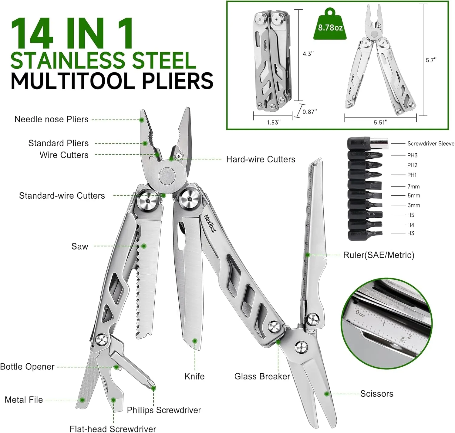 NexTool 14-in-1 Multi-Tool, Stainless Steel Multitool Pliers with 80Cr14Mov Pocket Knife, 2 Safety Locks and Huge Scissors, EDC Multitool Utility Tool for Camping Outdoor Activities (Flagship Max)
