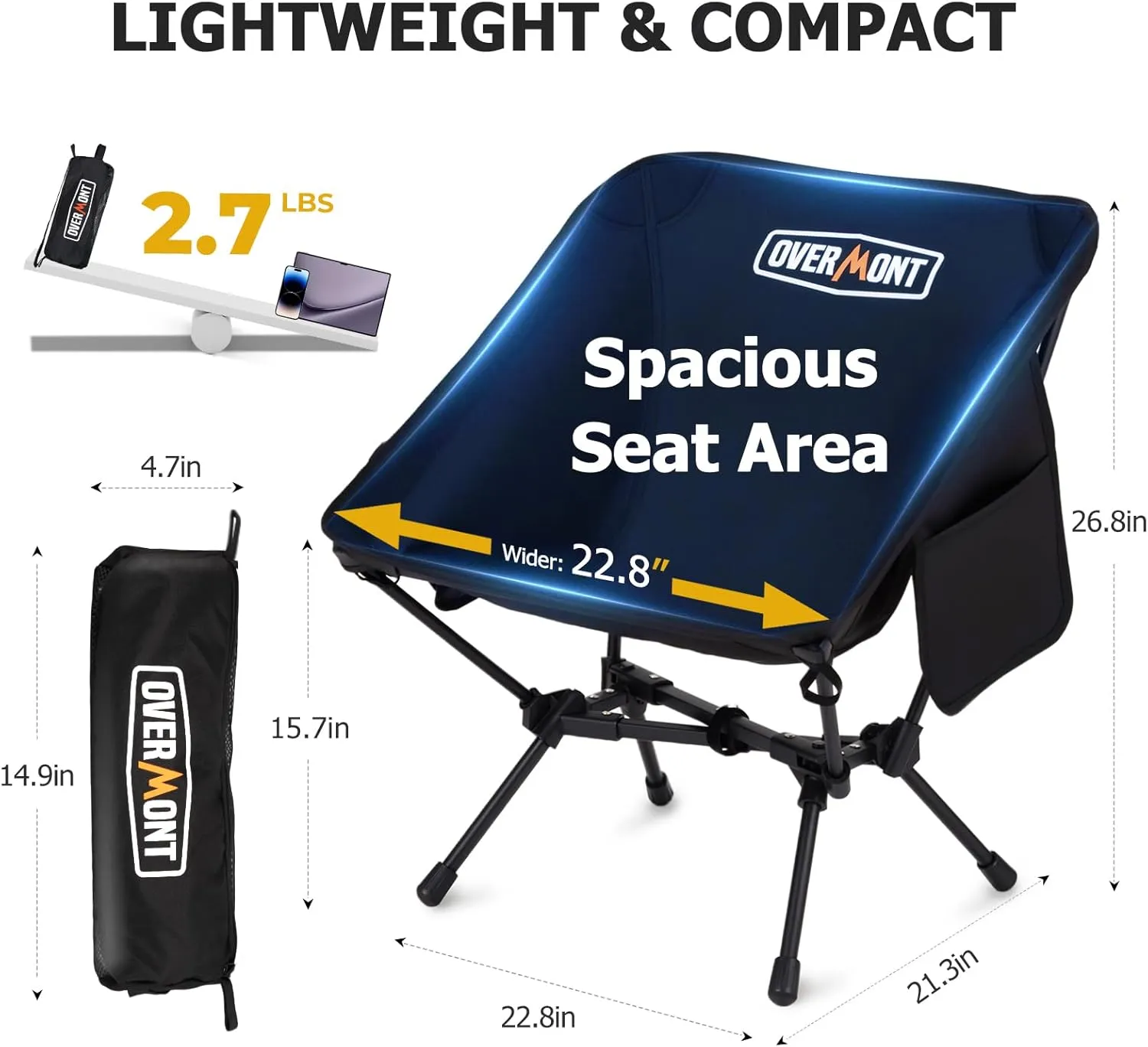 Overmont Ultralight Portable Camping Chair- Lightweight Folding Backpacking Chair, Support up to 330Lbs Compact Beach Chair for Adults with Carry Bag for Backpack Hiking Fishing Outdoor Camp Travel
