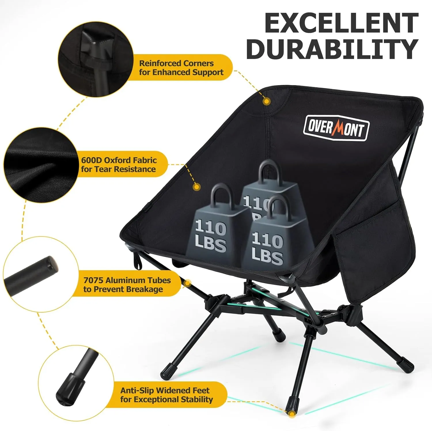 Overmont Ultralight Portable Camping Chair- Lightweight Folding Backpacking Chair, Support up to 330Lbs Compact Beach Chair for Adults with Carry Bag for Backpack Hiking Fishing Outdoor Camp Travel