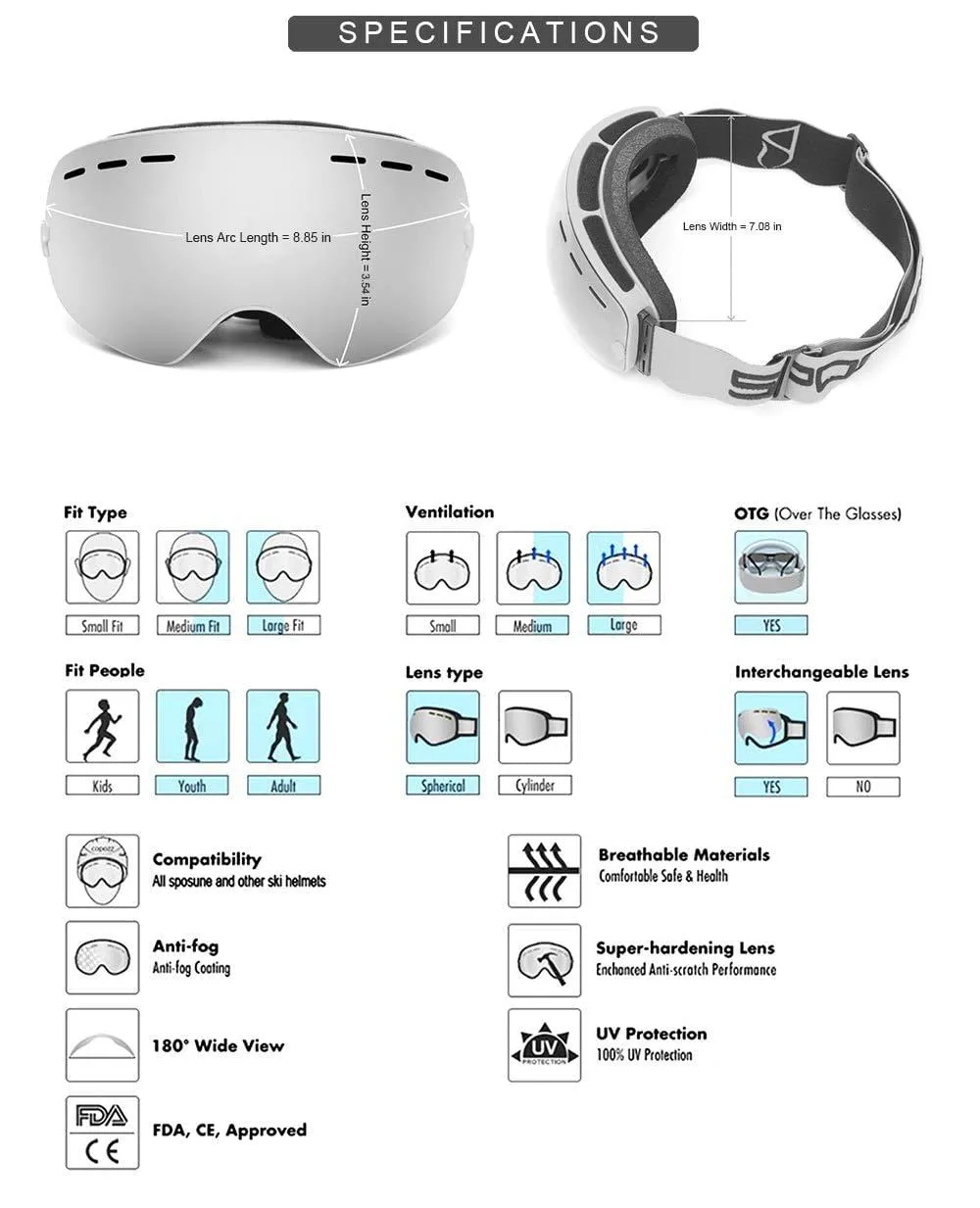 SPOSUNE OTG Ski Goggles Snow Snowboard Goggle Over Glasses with Anti-Fog Spherical Dual Interchangable Lens for Men Women Youth Skiing Snowmobile Eyewear & Helmet Compatible, UV400 Protection