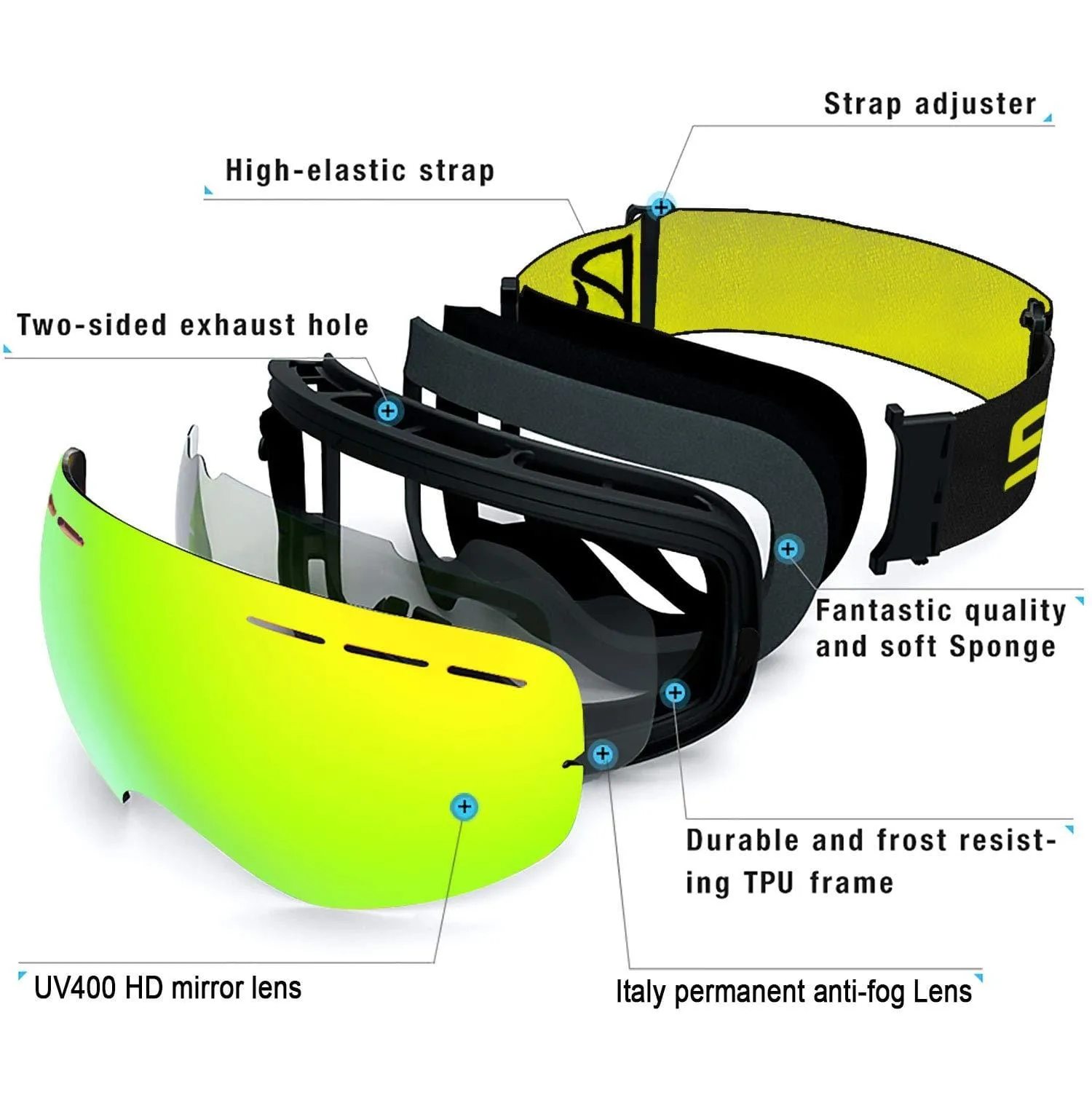 SPOSUNE OTG Ski Goggles Snow Snowboard Goggle Over Glasses with Anti-Fog Spherical Dual Interchangable Lens for Men Women Youth Skiing Snowmobile Eyewear & Helmet Compatible, UV400 Protection