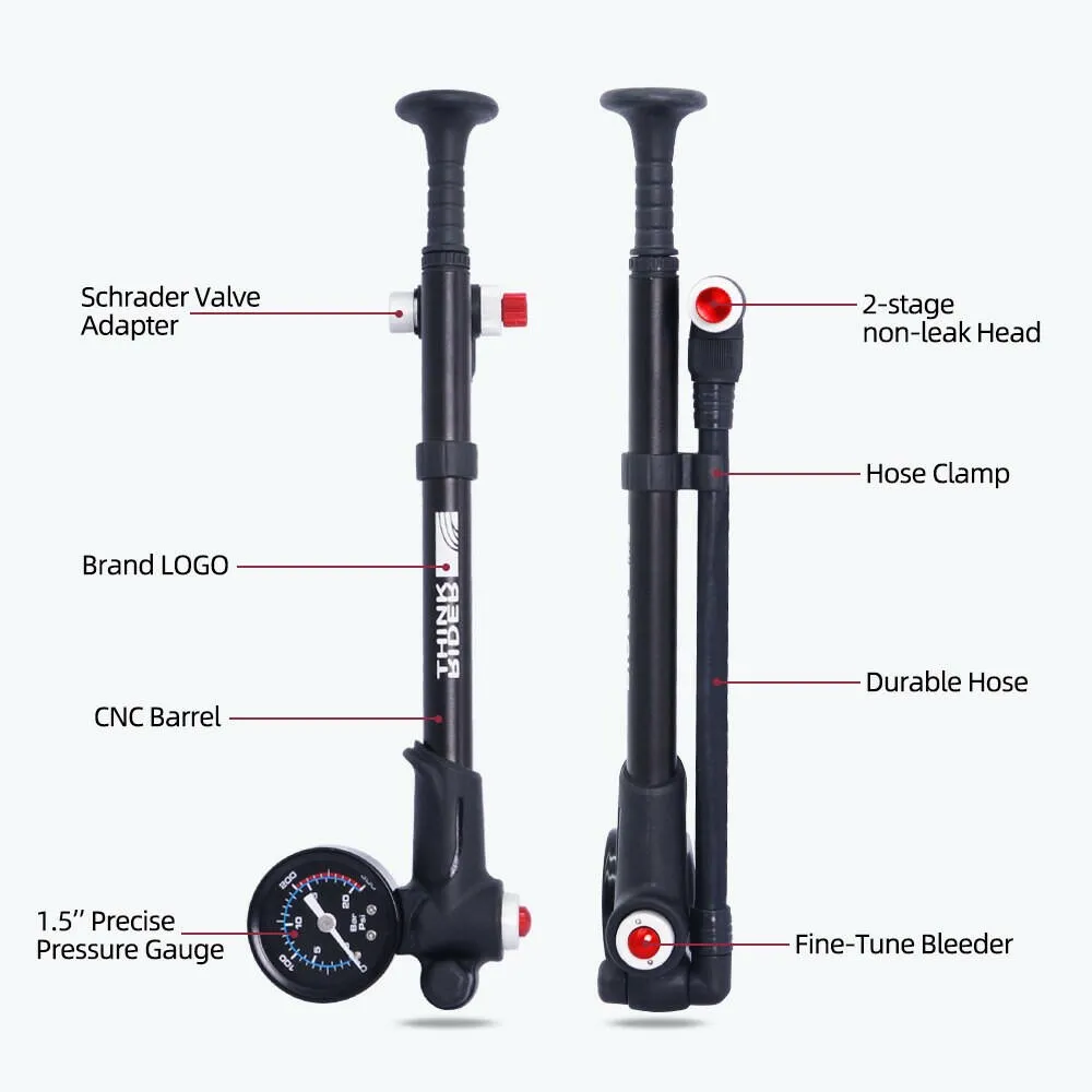 ThinkRider Portable High-pressure 300psi Bike Air Pump with Gauge for Fork & Rear Suspension Shock Absorber Mountain