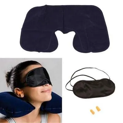 Travel Pillow Set - Inflatable Pillow, Eye Mask, Ear Plugs