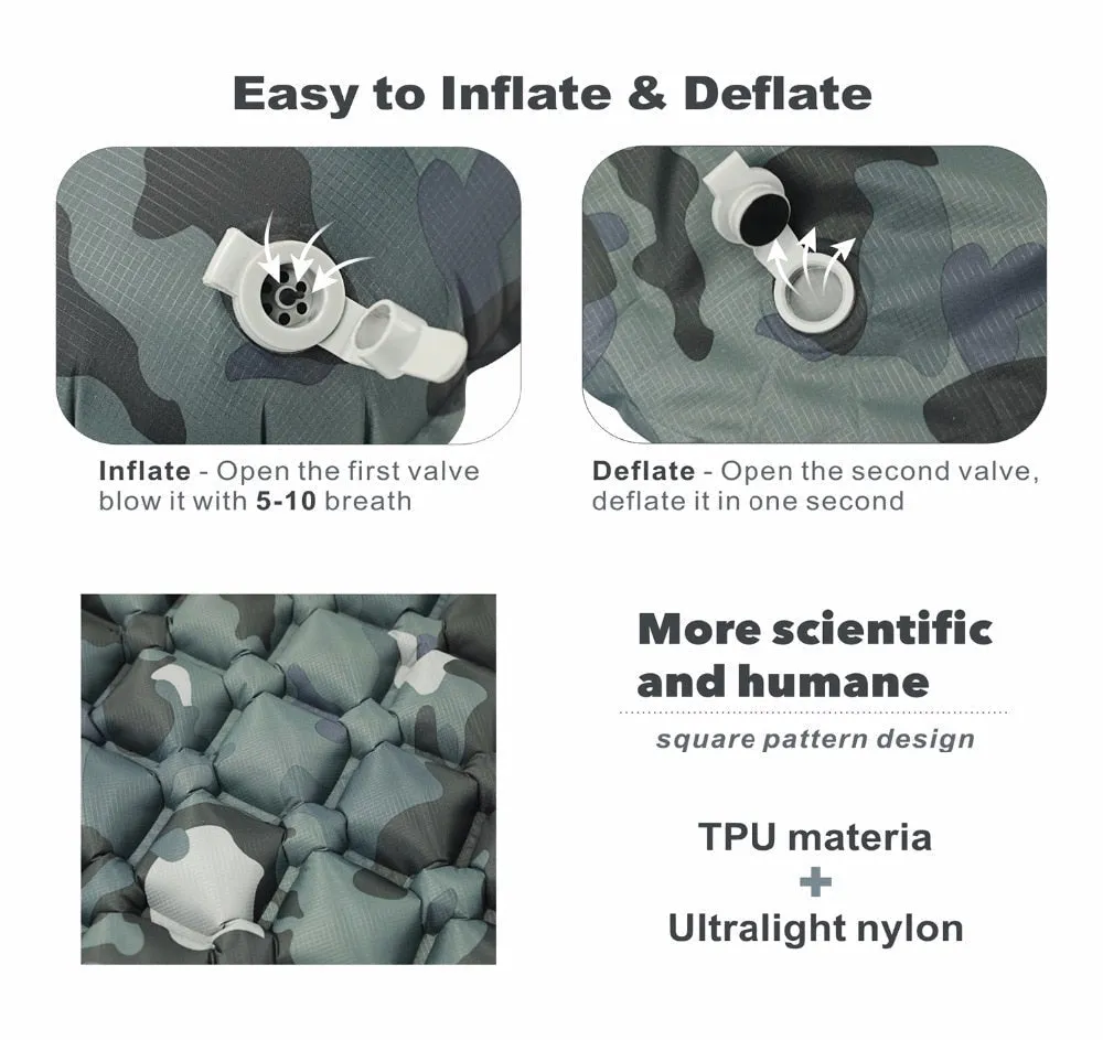Ultralight Inflatable Camping Sleeping Pad with Pillows - Folding Travel Mat for Hiking & Trekking