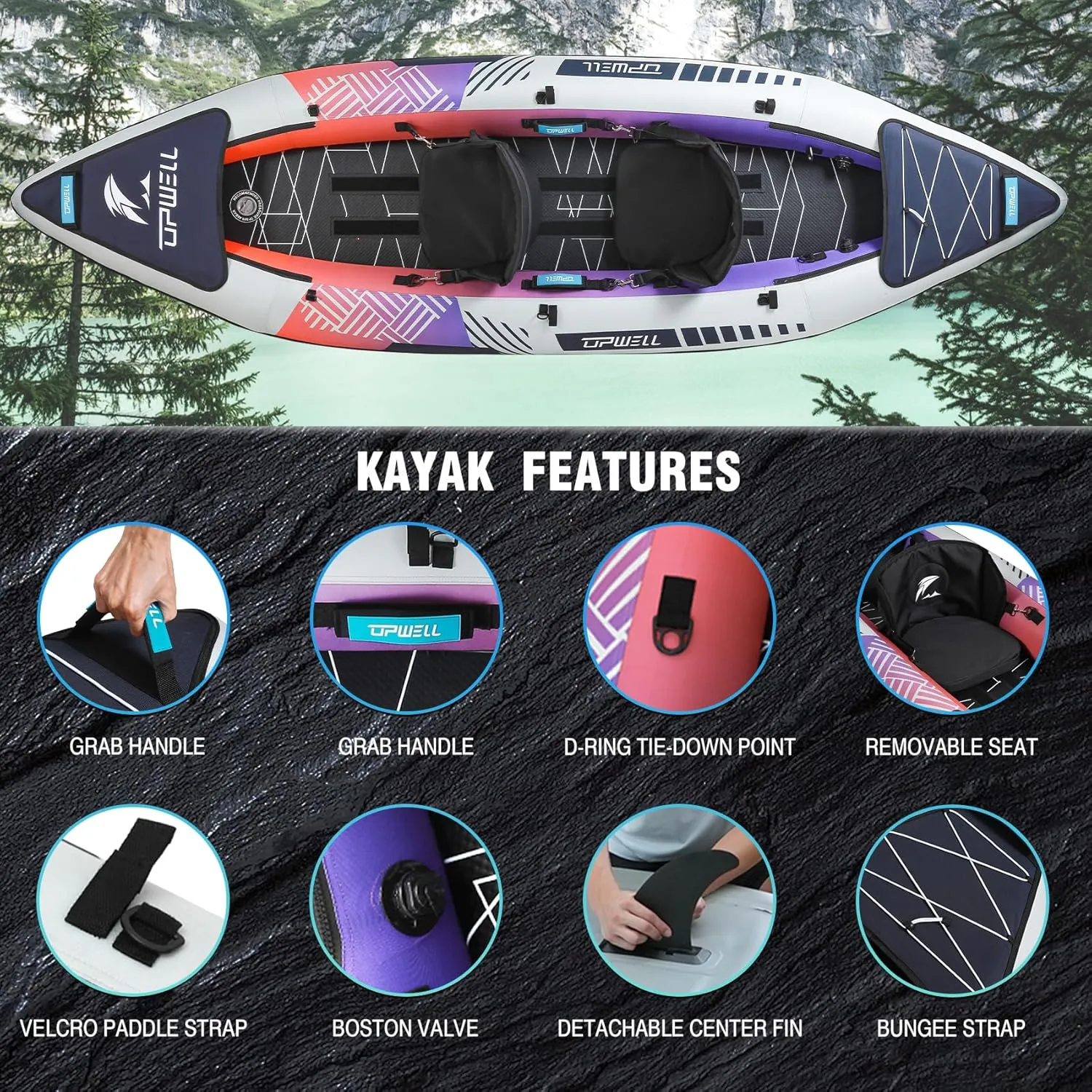 UPWELL 11'/14'6Inflatable Kayak with Drop Stitch Floor and Accessories Including Kayak Seat with Thickened Cushion, Paddle, Fin, Repair Kits, Carry Bag and Hand Pump