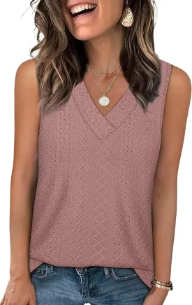 WIHOLL Tank Top for Women Summer Outfits V Neck T Shirts Trendy Eyelet Sleeveless Basic Beach Vacation Clothes
