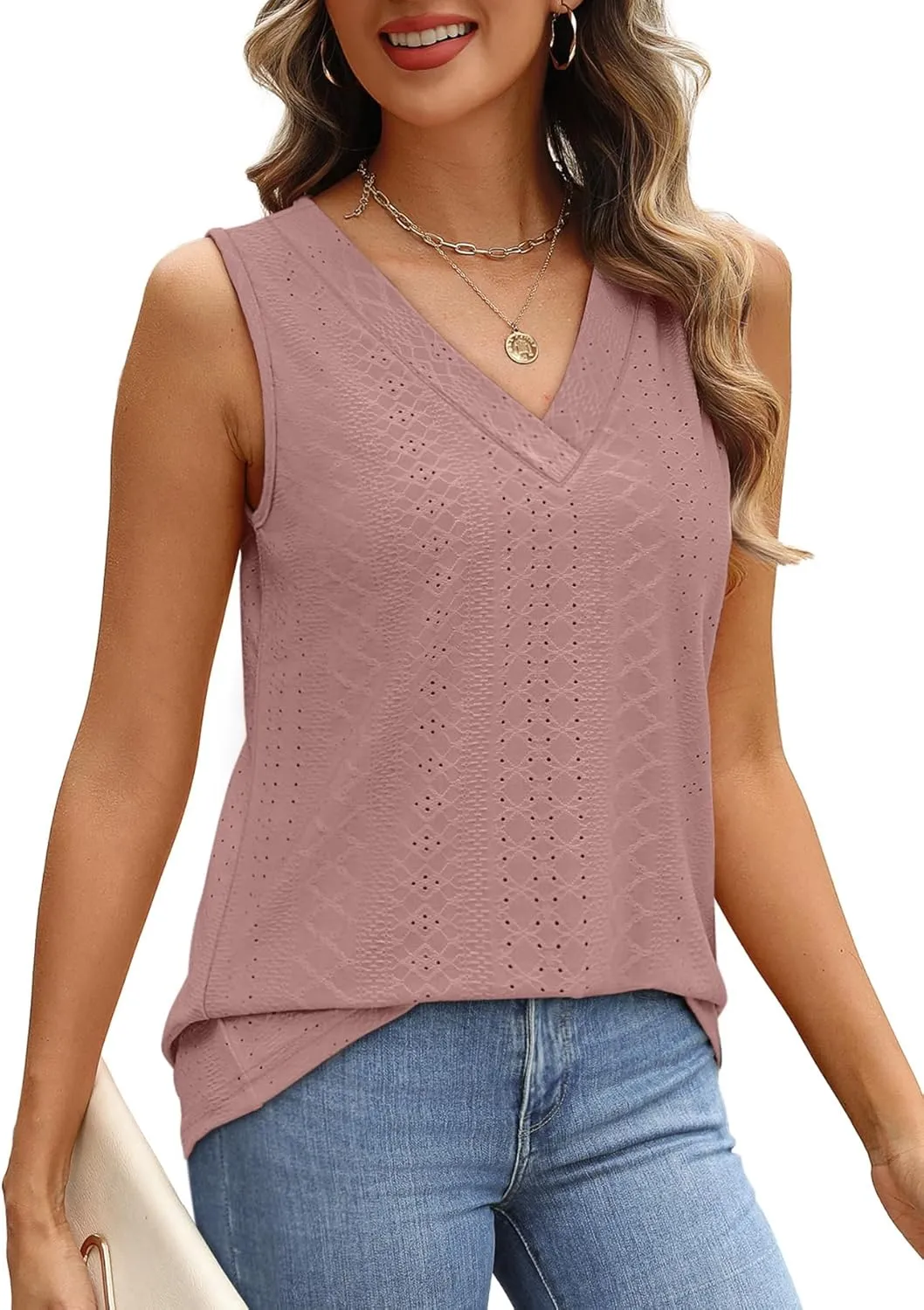 WIHOLL Tank Top for Women Summer Outfits V Neck T Shirts Trendy Eyelet Sleeveless Basic Beach Vacation Clothes