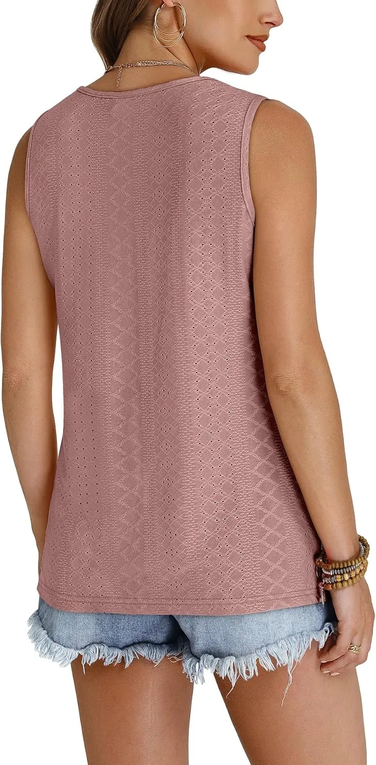 WIHOLL Tank Top for Women Summer Outfits V Neck T Shirts Trendy Eyelet Sleeveless Basic Beach Vacation Clothes