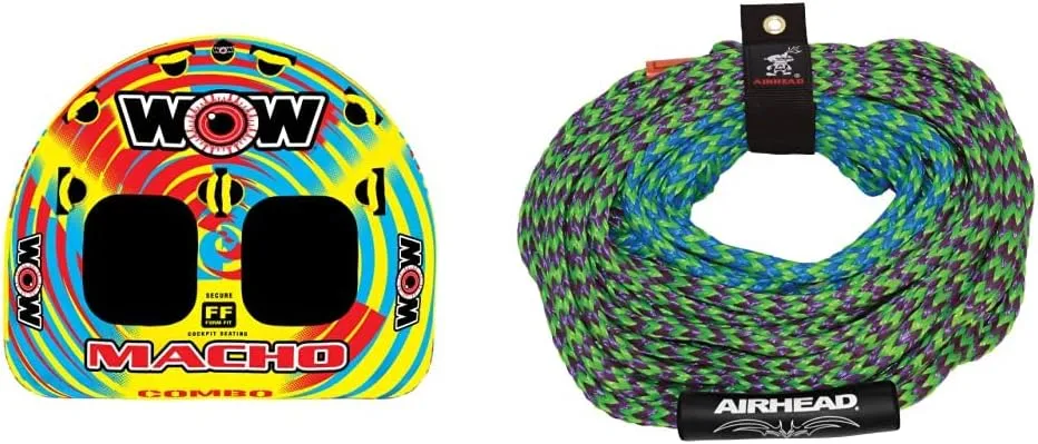 WOW World of Watersports Macho Multiple Riding Positions Tube 1 or 2 Person Inflatable Deck and Cockpit Towable Tube for Boating, 16-1010 & Airhead 2 Section Tow Rope for 1-4 Rider Towable Tubes