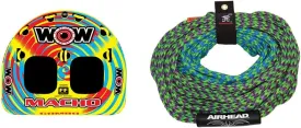 WOW World of Watersports Macho Multiple Riding Positions Tube 1 or 2 Person Inflatable Deck and Cockpit Towable Tube for Boating, 16-1010 & Airhead 2 Section Tow Rope for 1-4 Rider Towable Tubes